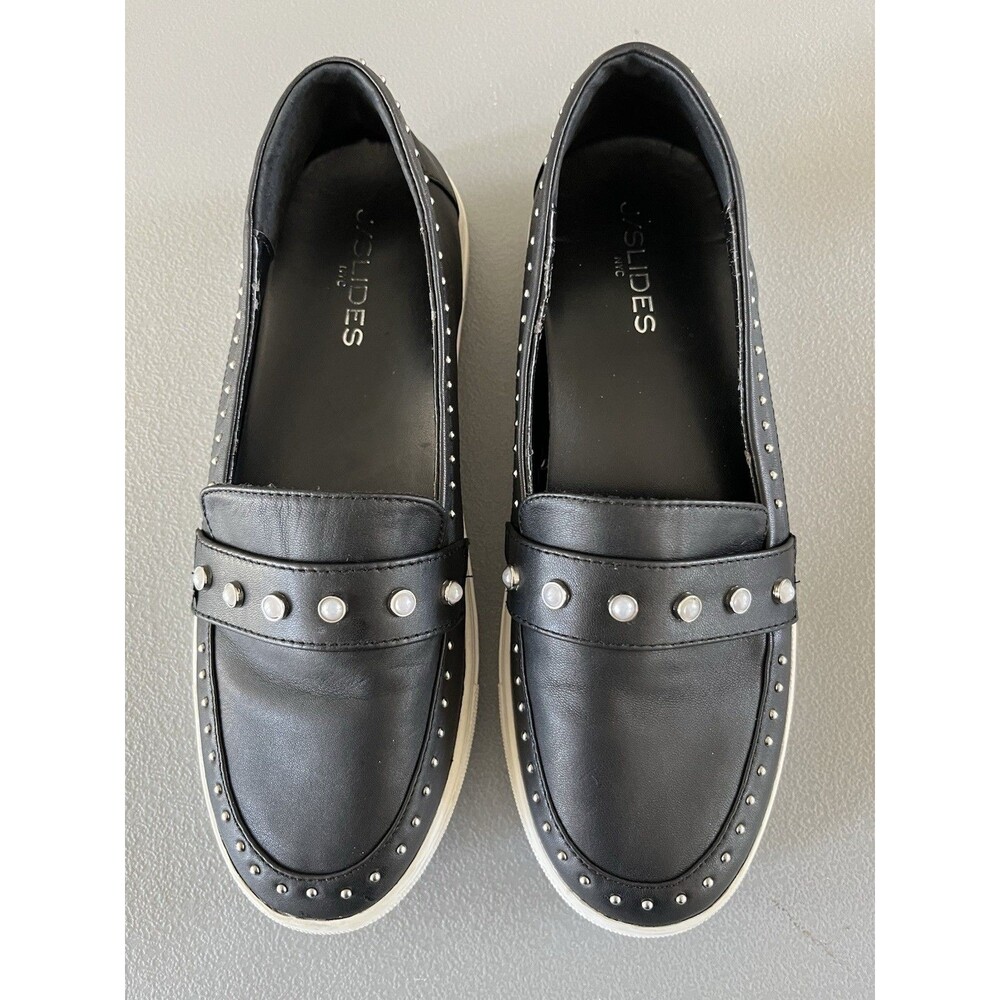 J/Slides NYC Black Leather Pearl & Silver Studded Slip-on Loafers Womens Sz 8.5